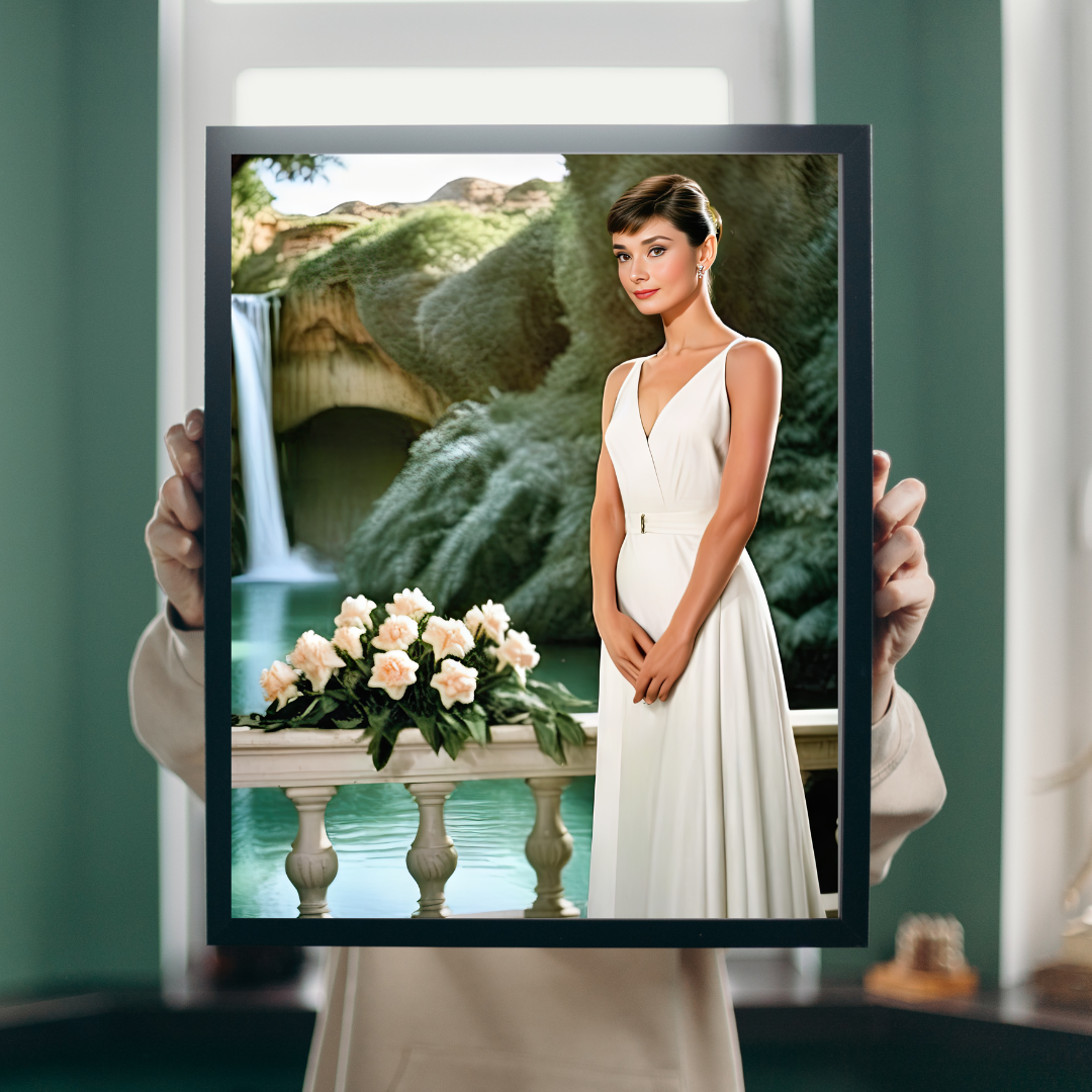 Digital Print: Elysian Elegance: Audrey Hepburn by the Crystal Cascade, Digital Audrey, Art Print, Gift, nature art, decoration, home, retail, office, lounge, artist showcase, gallery