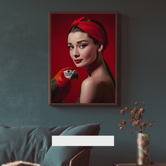 Digital Print: Crimson Companion: Audrey Hepburn and the Whisper of Freedom, framed art print on wall