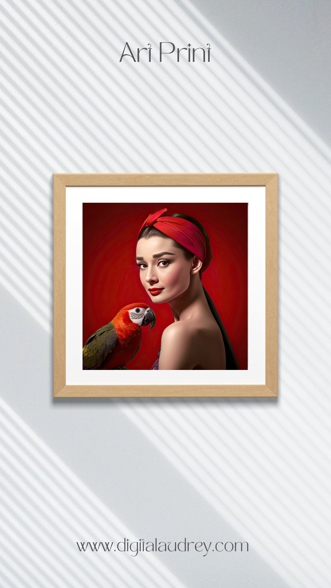 Digital Print: Crimson Companion: Audrey and the Whisper of Freedom - Digital Audrey Art CollectiveDigital Print: Crimson Companion: Audrey Hepburn and the Whisper of Freedom, square framed art