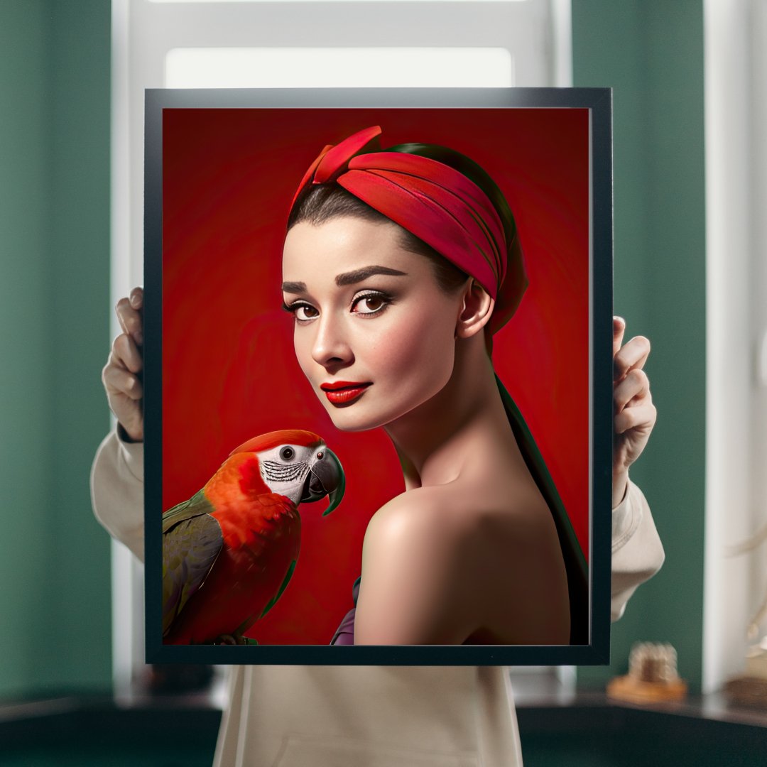 Digital Print: Crimson Companion: Audrey Hepburn and the Whisper of Freedom, person holding framed art print