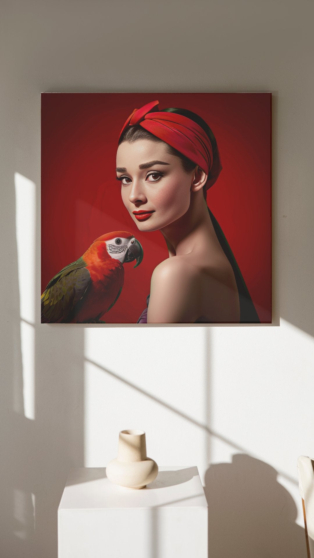 Digital Print: Crimson Companion: Audrey Hepburn and the Whisper of Freedom, canvas art print decor on wall