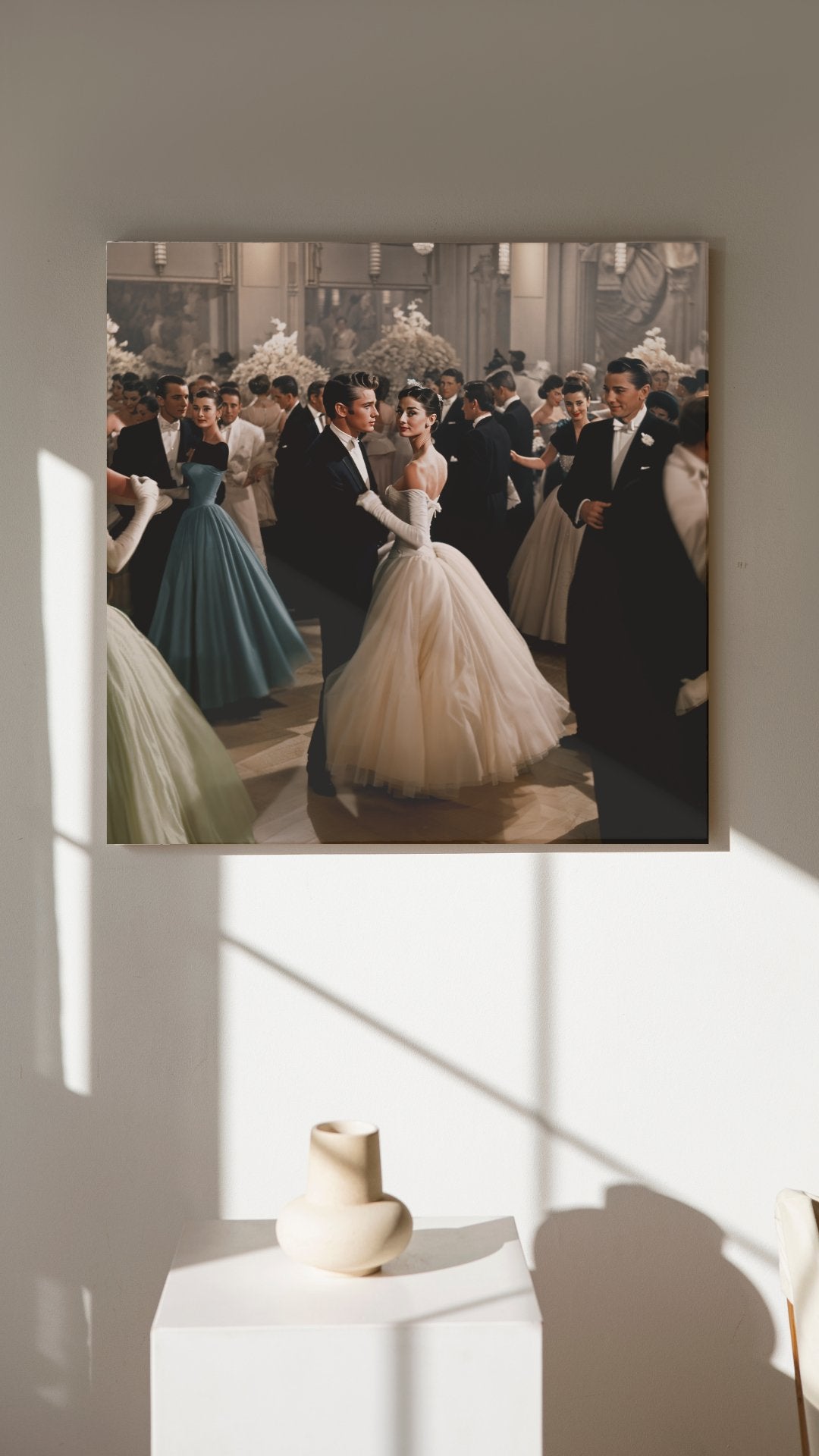 Dance of Envy: A Timeless Waltz of Audrey Hepburn & James Dean, digital art print, wall art canvas, retail store, classic hollywood