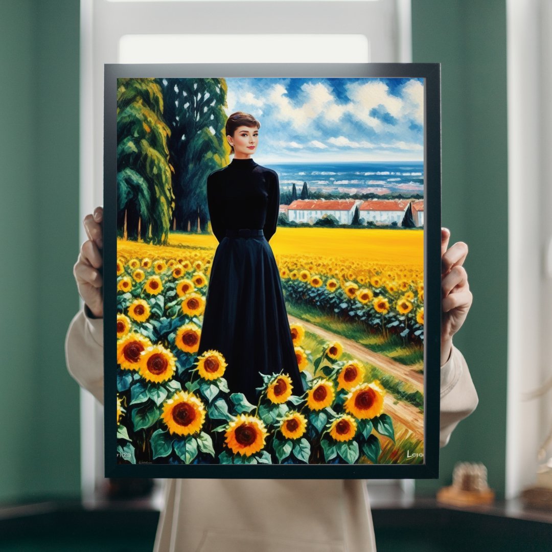 Digital Print: Golden Reverie: Audrey Amidst Sunlit Blooms - Digital Audrey Hepburn Art, sunflower painting, classic hollywood, golden era, nature, artist showcase, gift, holiday present