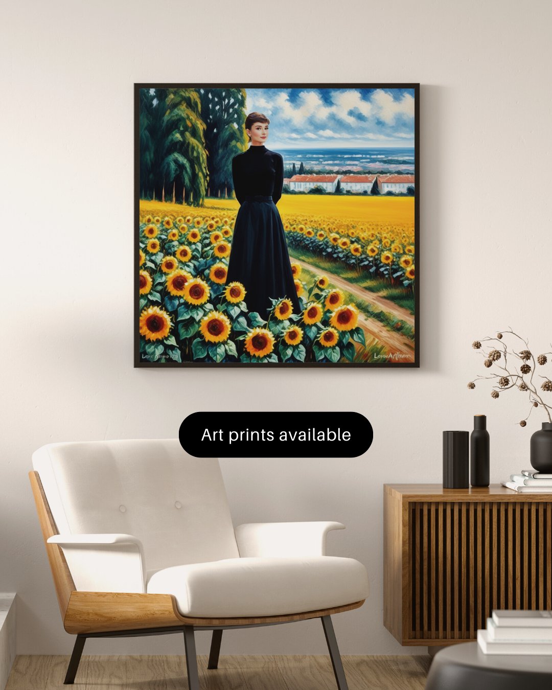 Digital Print: Golden Reverie: Audrey Amidst Sunlit Blooms - Digital Audrey Hepburn Art, sunflower painting, classic hollywood, golden era, nature, artist showcase, gift, holiday present, home decor, corporate art