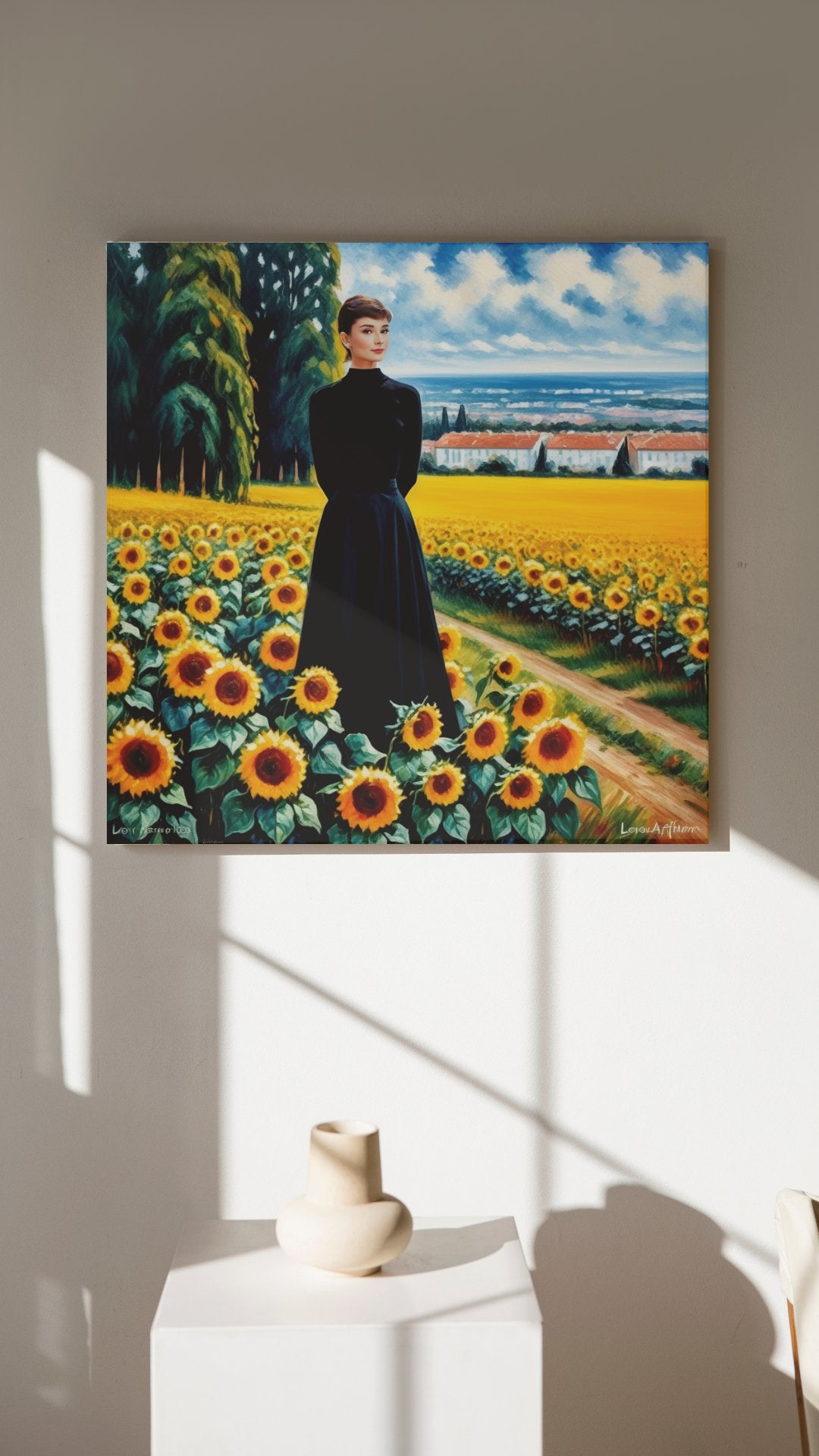 Digital Print: Golden Reverie: Audrey Amidst Sunlit Blooms - Digital Audrey Hepburn Art, sunflower painting, classic hollywood, golden era, nature, artist showcase, gift, holiday present, canvas, wall art
