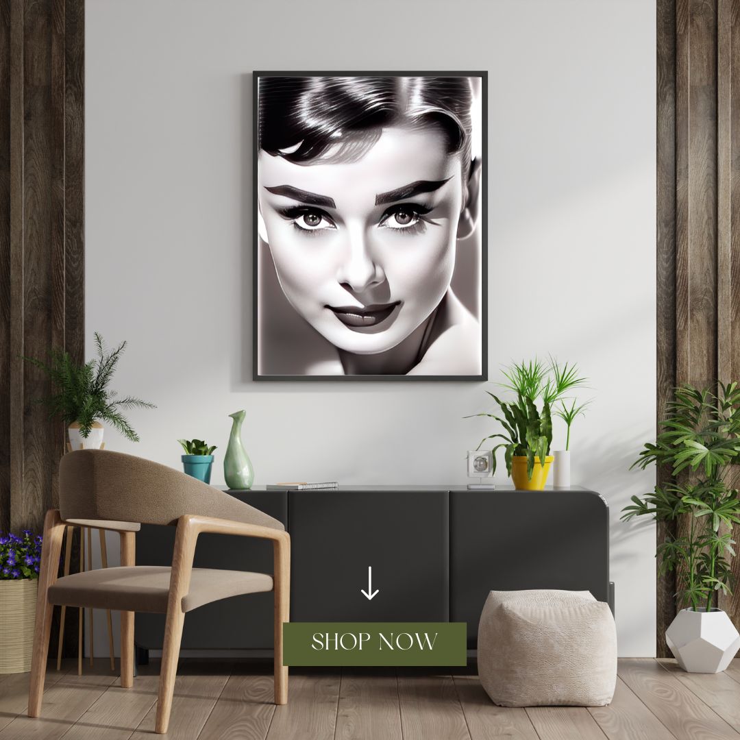 Digital Art Print: Graphite Glimpse: Audrey's Enigmatic Essence - Digital Audrey Hepburn Art Collective, closeup face, beauty portrait, fashion art, monochrome painting, decor, gift, museum, gallery showcase, corporate art, office art, Hollywood celebrity