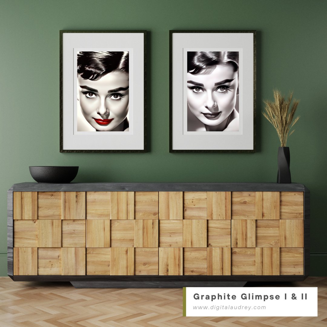 Digital Print: Graphite Glimpse I and II: Audrey's Crimson Whisper - Digital Audrey Hepburn Art Series, closeup beauty portrait, fashion art, monochrome painting, decor, gift, museum, gallery showcase, corporate art, office art