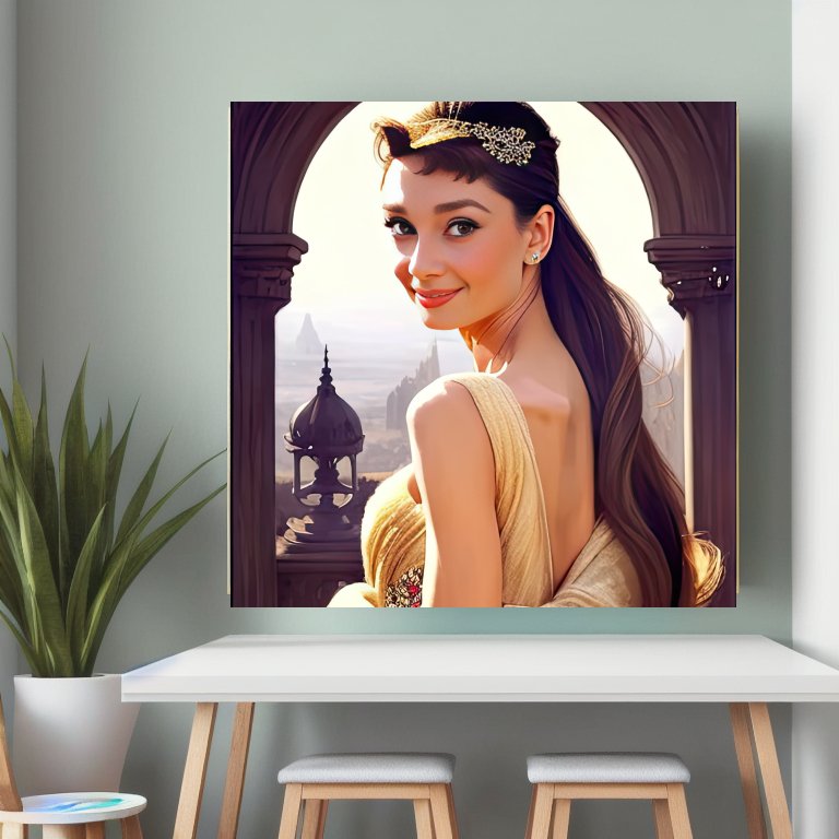 Digital Print: Impressionist Majesty: Audrey Hepburn's Golden Cascade, Digital y Art Print , Home Decor, Office Decor, Art Canvas