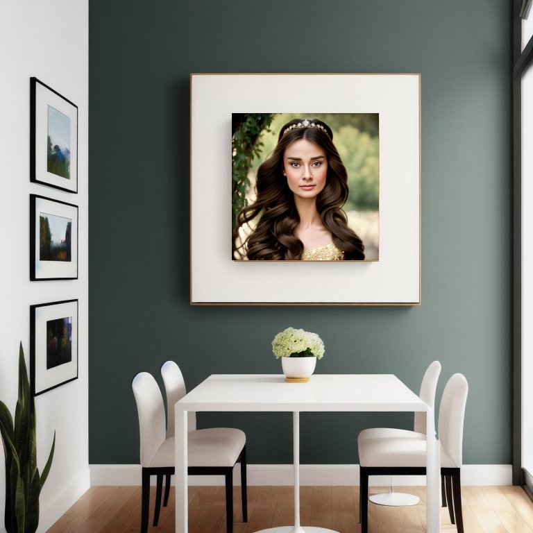 Digital Print: Royal Radiance: Audrey Hepburn in Garden Serenity, Art Print, Canvas Art, Gift, Decor, Luxury, Dining Room, Corporate Art
