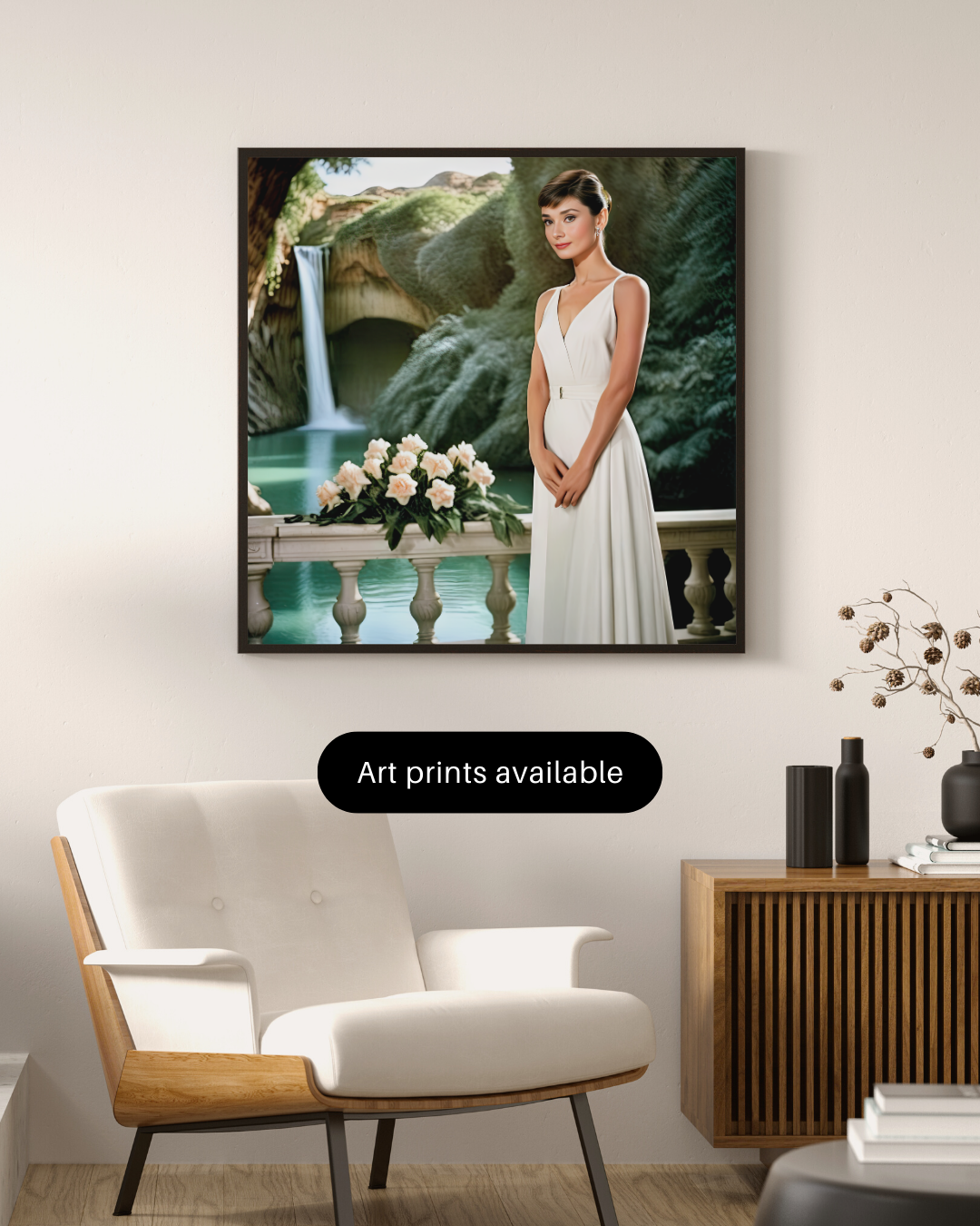 Digital Print: Elysian Elegance: Audrey Hepburn by the Crystal Cascade,  Digital Audrey, Art Print, Gift, nature art, decoration, home, retail, office, lounge