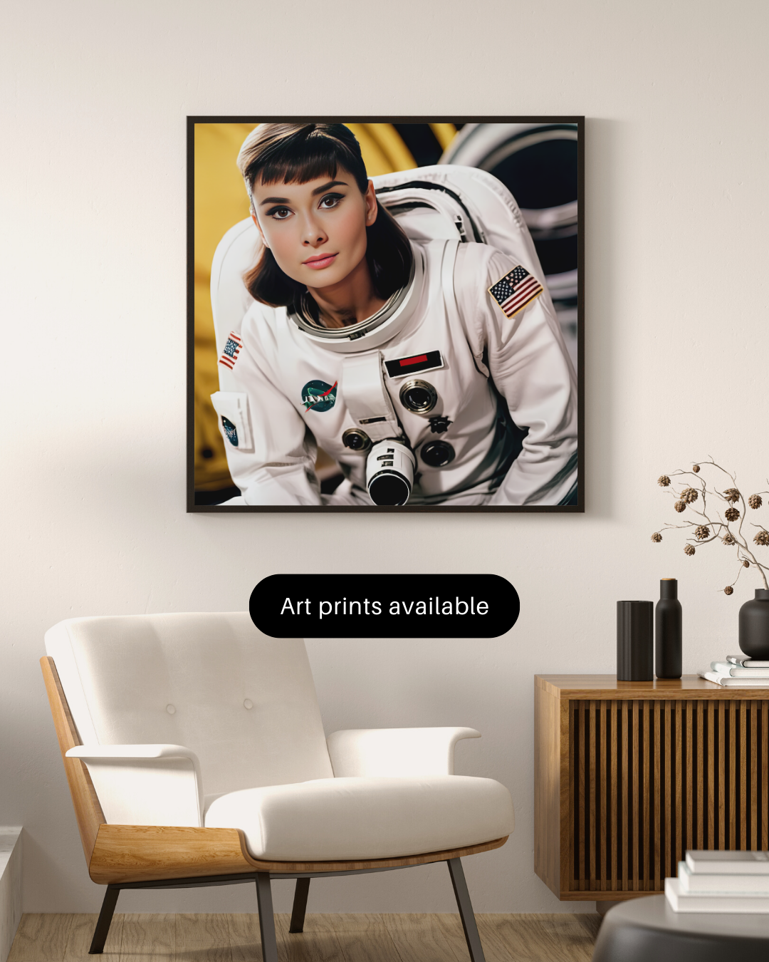 Digital Art: Galactic Grace: Audrey Hepburn's Celestial Voyage Art Print, Space Art, Gift, Woman in Space, NASA art, decor