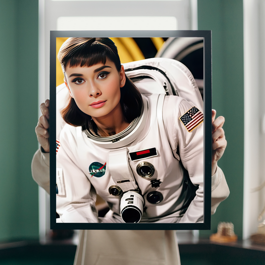 Digital Art: Galactic Grace: Audrey Hepburn's Celestial Voyage Art Print, Space Art, Gift, Woman in Space, NASA art, decor, artist showcase, gallery, inspirational art