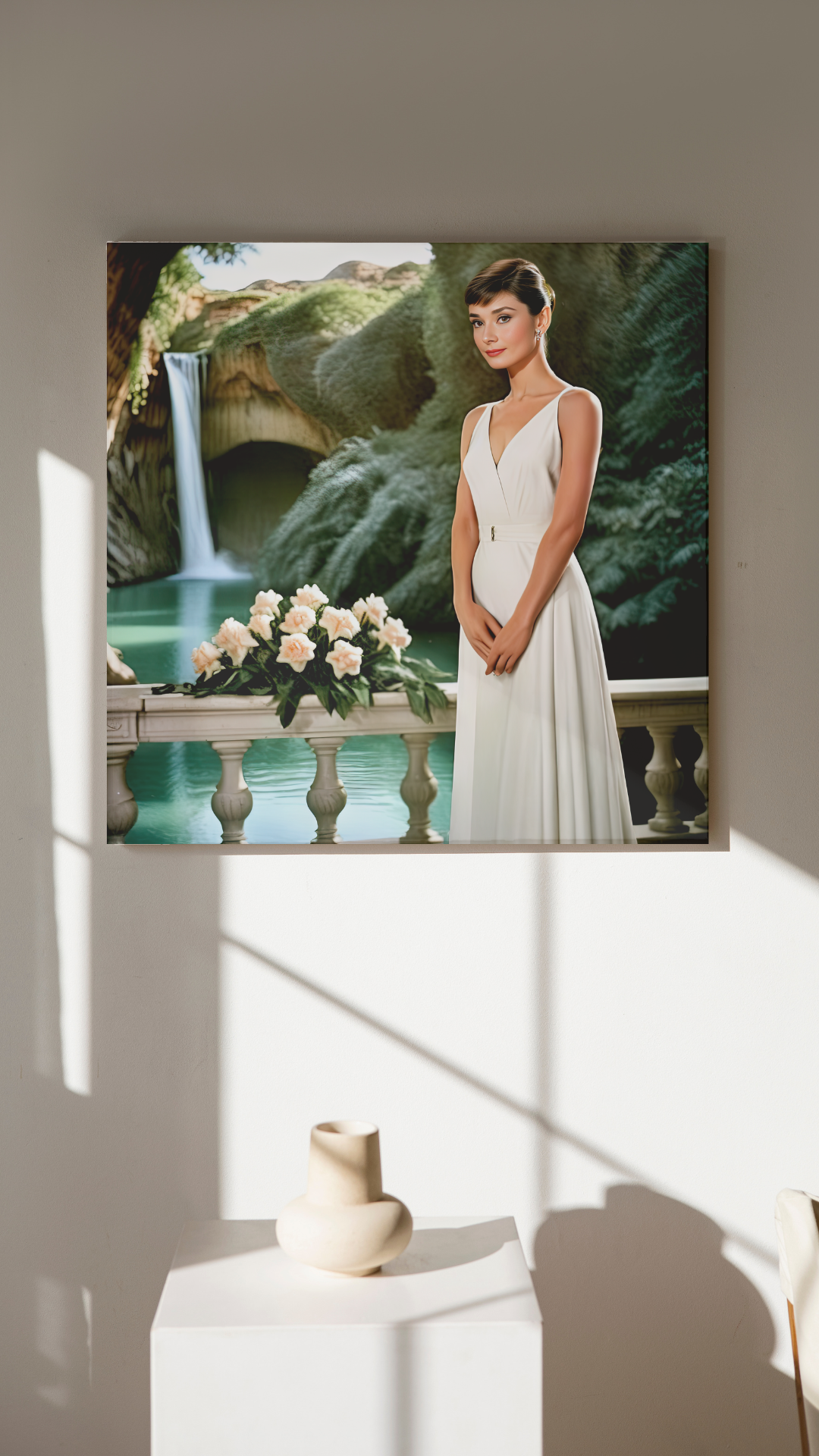 Digital Print: Elysian Elegance: Audrey Hepburn by the Crystal Cascade,  Digital Audrey, Art Print, Gift, nature art, decoration, home, retail, office, lounge, gallery, canvas art