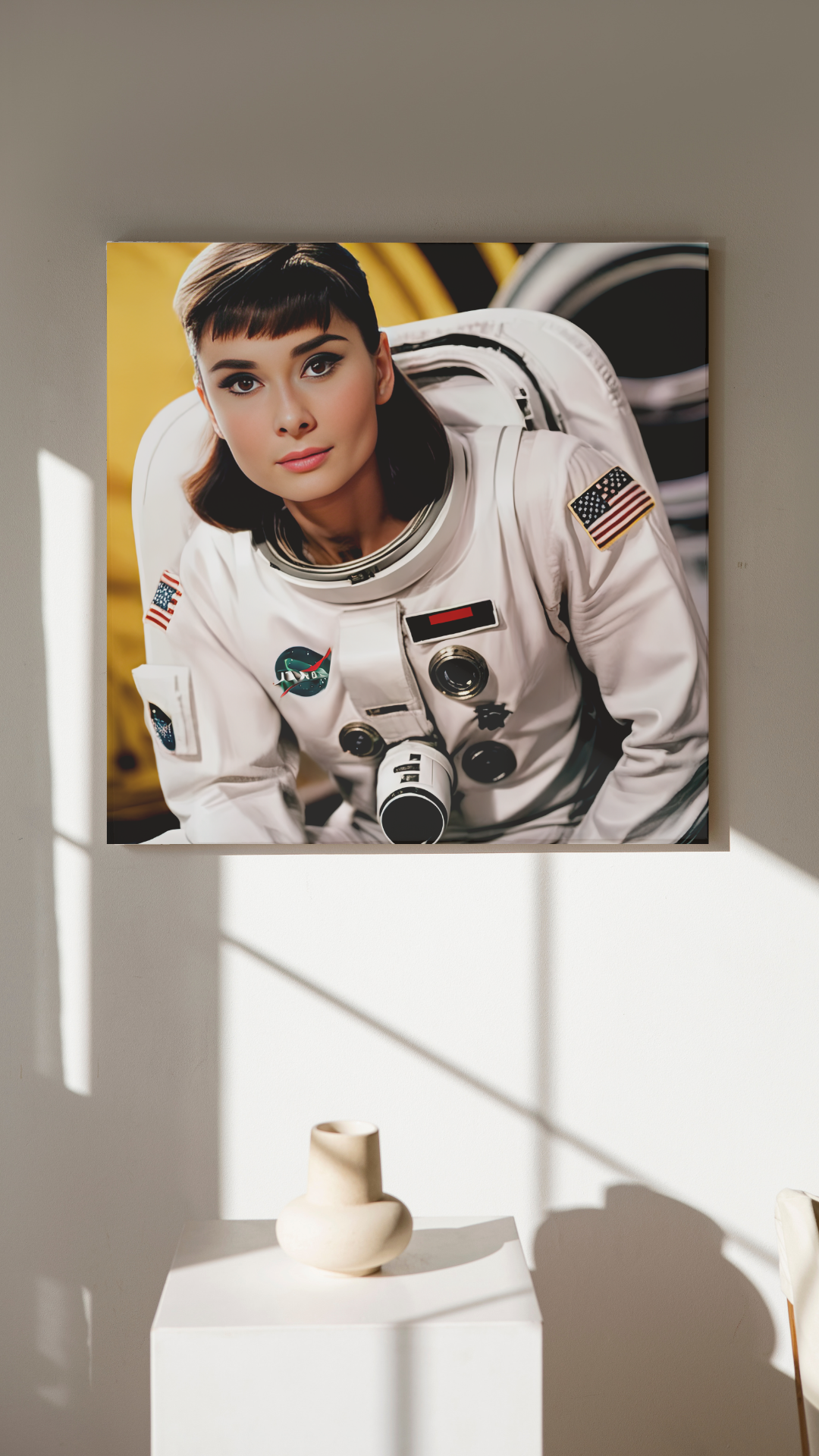 Digital Art: Galactic Grace: Audrey Hepburn's Celestial Voyage Art Print, Space Art, Gift, Woman in Space, NASA art, decor, canvas art, SpaceX art, Space Travel Art