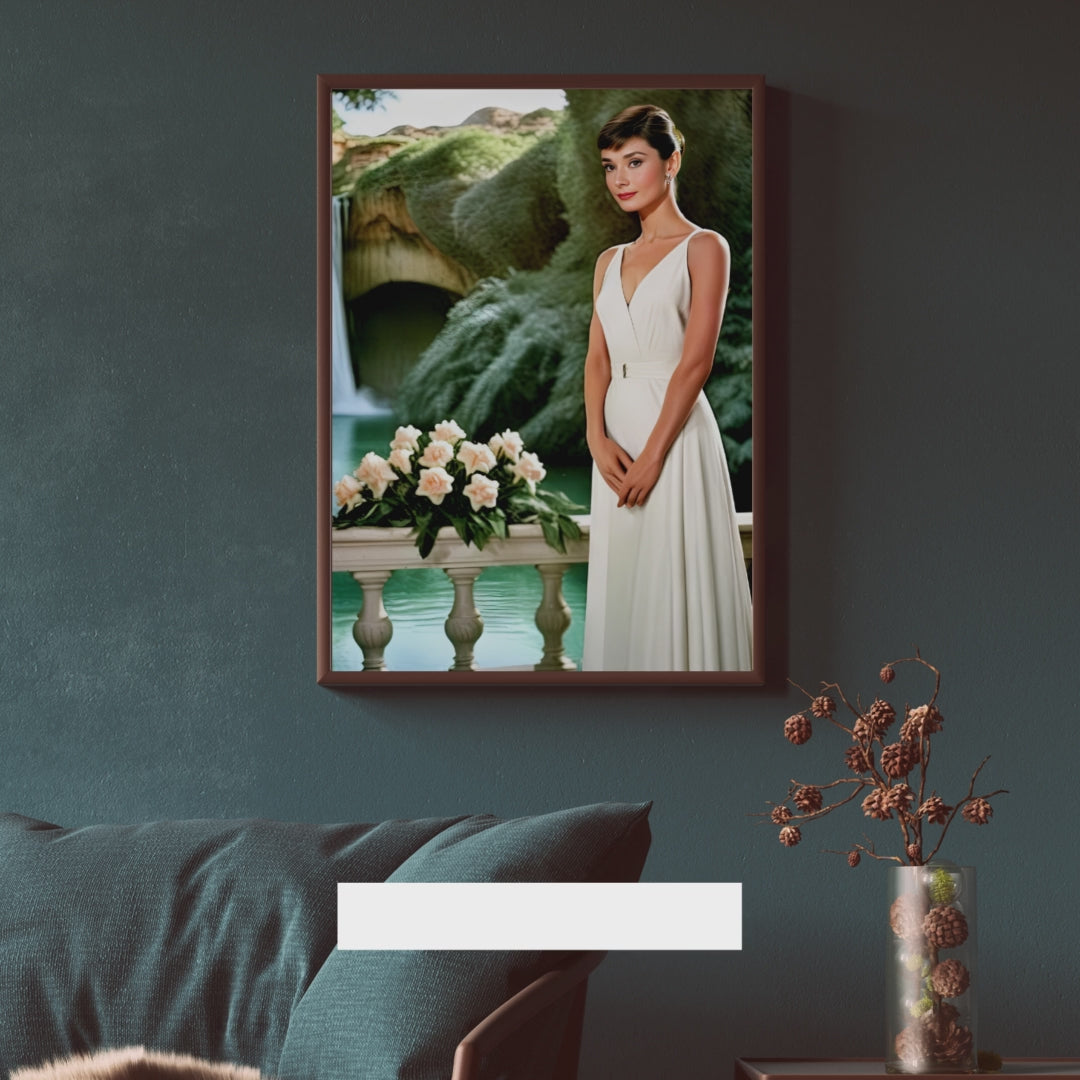 Digital Print: Elysian Elegance: Audrey Hepburn by the Crystal Cascade,  Digital Audrey, Art Print, Gift, nature art, decoration, home, retail, office, lounge, animation, living room