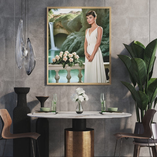 Digital Print: Elysian Elegance: Audrey Hepburn by the Crystal Cascade,  Digital Audrey, Art Print, Gift, nature art, decoration, home, retail, office, lounge, dining room, hotel decor