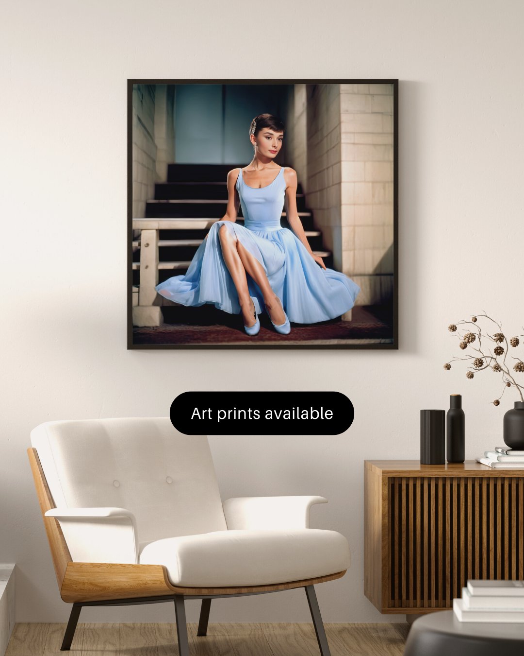 Digital Print: Ephemeral Elegance: Audrey Hepburn Ballet Reverie - Digital Audrey Hepburn Art, ballerina photography, blue tutu, dancer, ballet themed art, decor, decoration, square framed art, wall, office