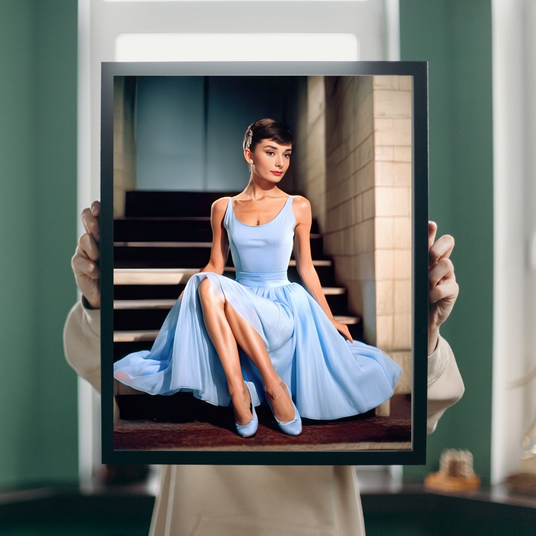 Digital Print: Ephemeral Elegance: Audrey Hepburn's Ballet Reverie - Digital Audrey Hepburn Art, ballerina photography, blue tutu, dancer, ballet themed art, decor, dance studio decoration, artist holding framed art