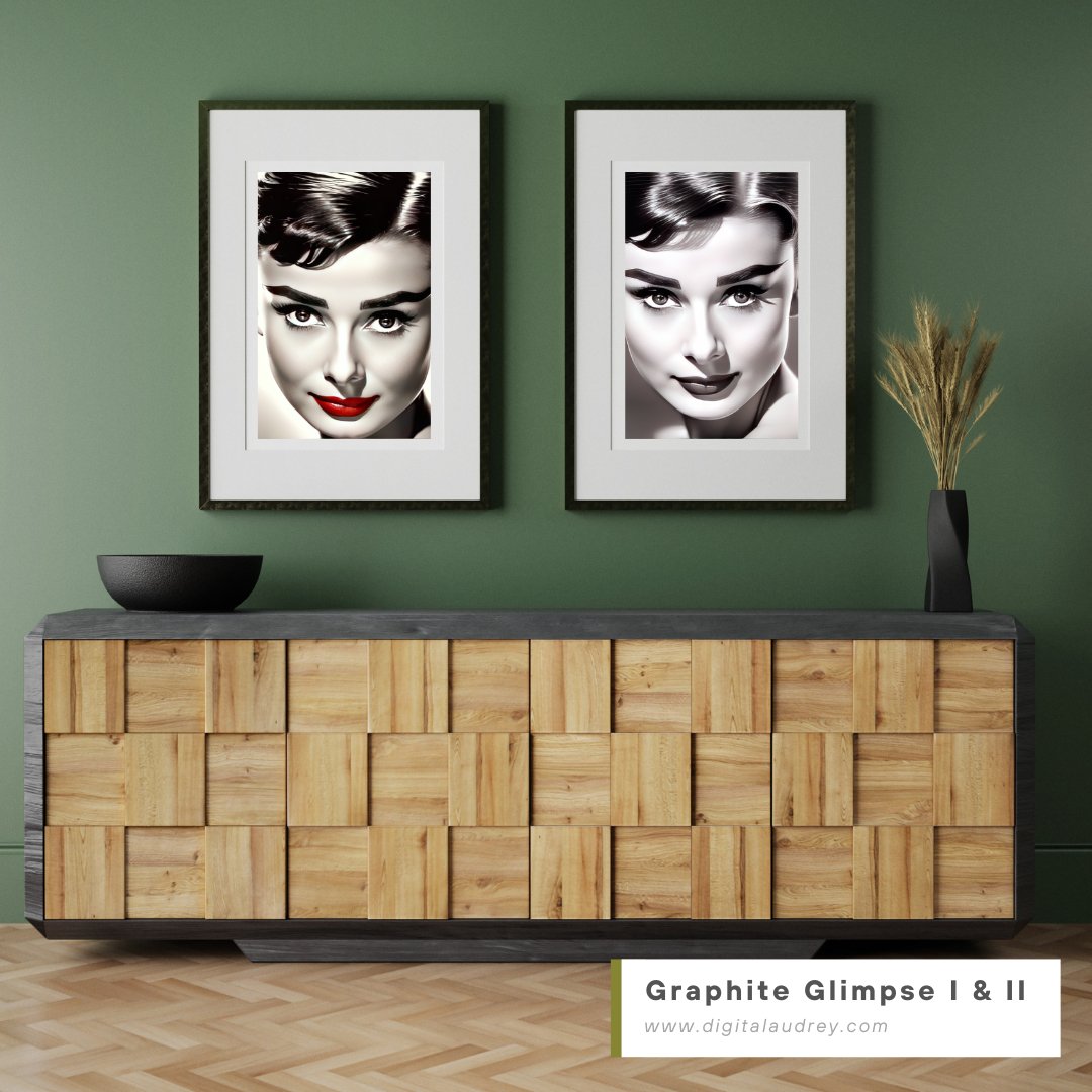 Digital Print: Graphite Glimpse I and  II: Audrey's Crimson Whisper - Digital Audrey Hepburn Art Series, closeup beauty portrait, fashion art, monochrome painting, decor, gift, museum, gallery showcase, corporate art, office art