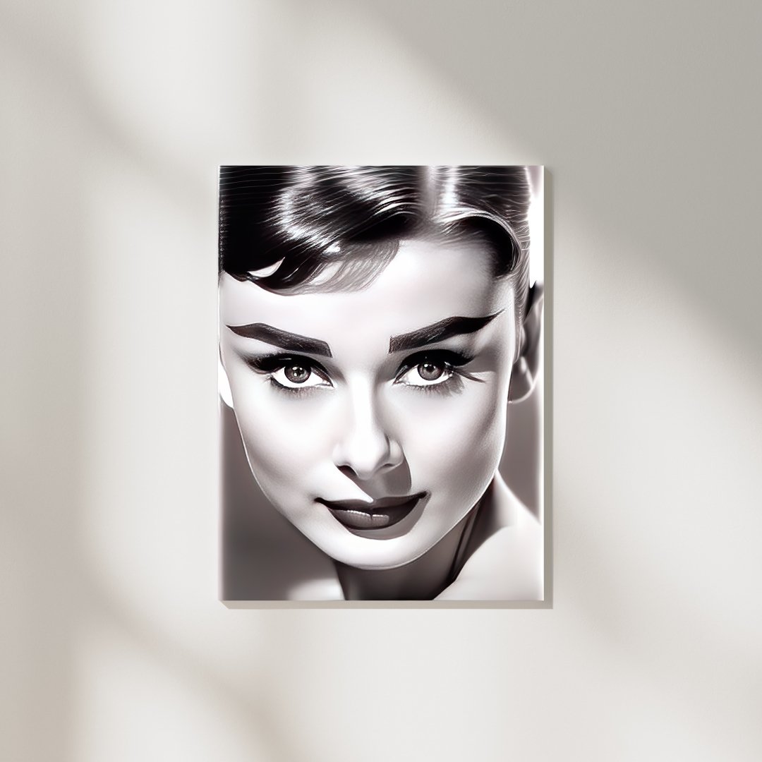 Digital Art Print: Graphite Glimpse: Audrey's Enigmatic Essence - Digital Audrey Hepburn Art Collective, closeup face, beauty portrait, fashion art, monochrome painting, decor, gift, museum, gallery showcase, corporate art, office art