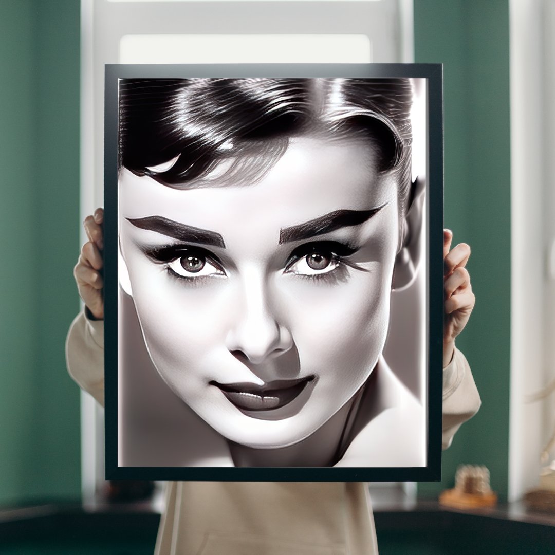Digital Art Print: Graphite Glimpse: Audrey's Enigmatic Essence - Digital Audrey Hepburn Art Collective, closeup face, beauty portrait, fashion art, monochrome painting, decor, gift, museum, gallery showcase, corporate art, office art, artist showcase