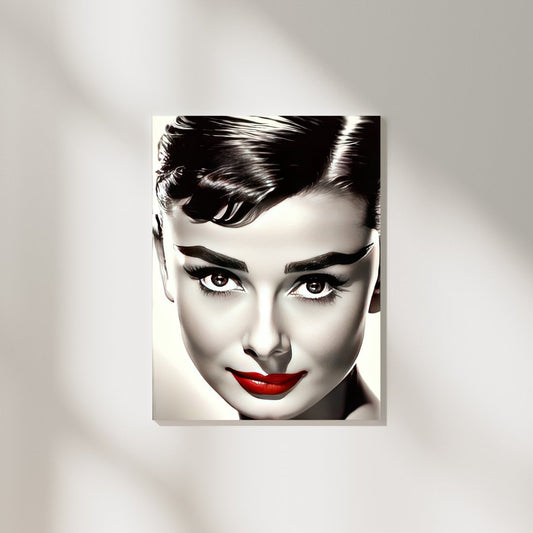 Digital Print: Graphite Glimpse II: Audrey's Crimson Whisper - Digital Audrey Hepburn Art , closeup beauty portrait, fashion art, monochrome painting, decor, gift, museum, gallery