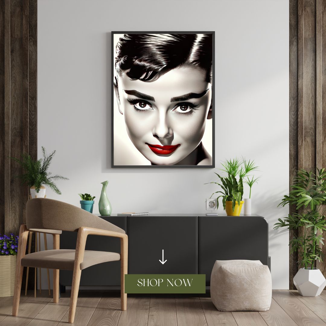 Digital Print: Graphite Glimpse II: Audrey's Crimson Whisper - Digital Audrey Hepburn Art , closeup beauty portrait, fashion art, monochrome painting, decor, gift, museum, gallery showcase, corporate art, office art