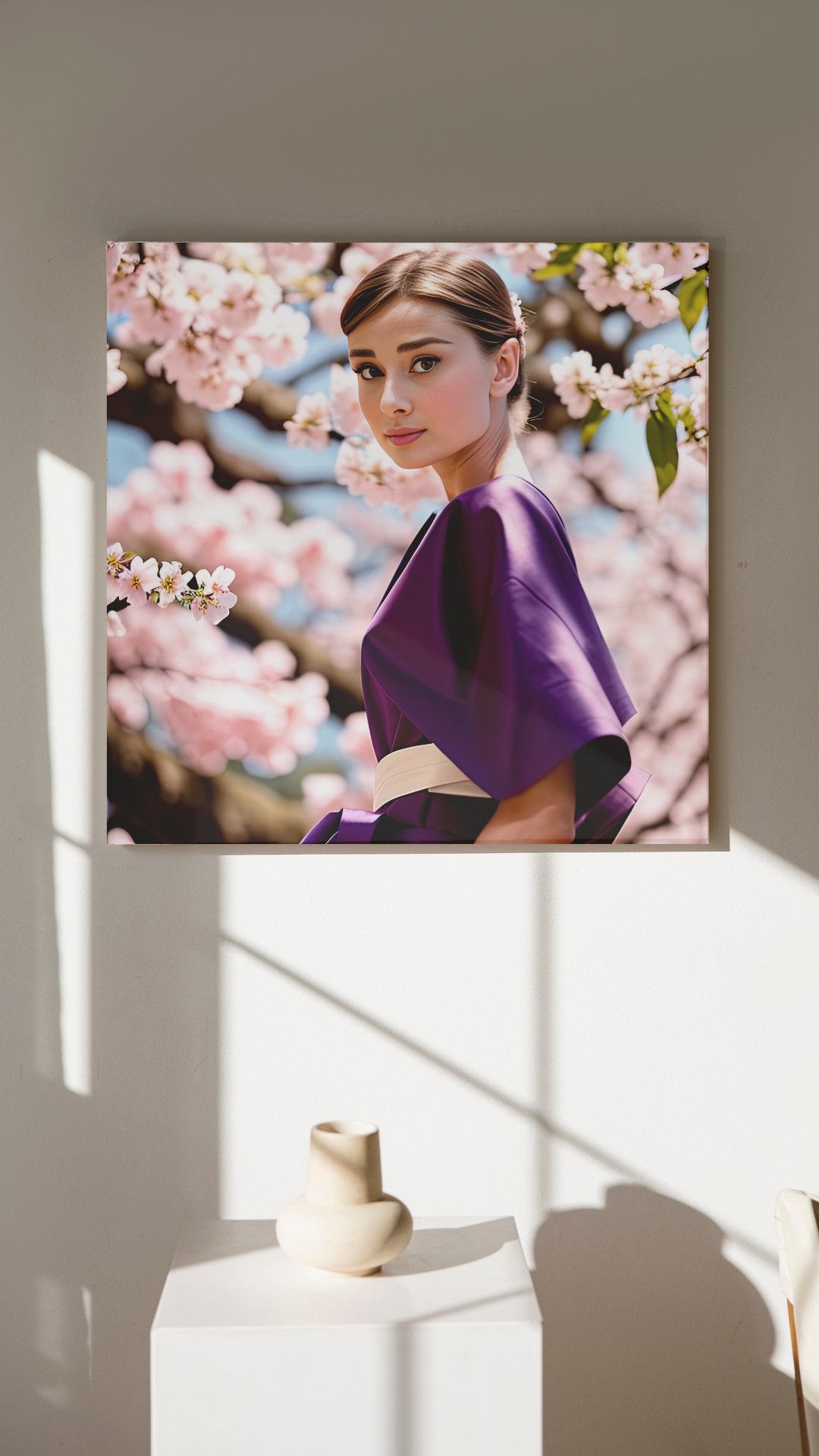Digital Print: Sakura Embrace: Audrey Hepburn in Post-Blossom Tranquility, Digital Audrey, Art Print, Gift, Japan, さくら, retail decor, home decor