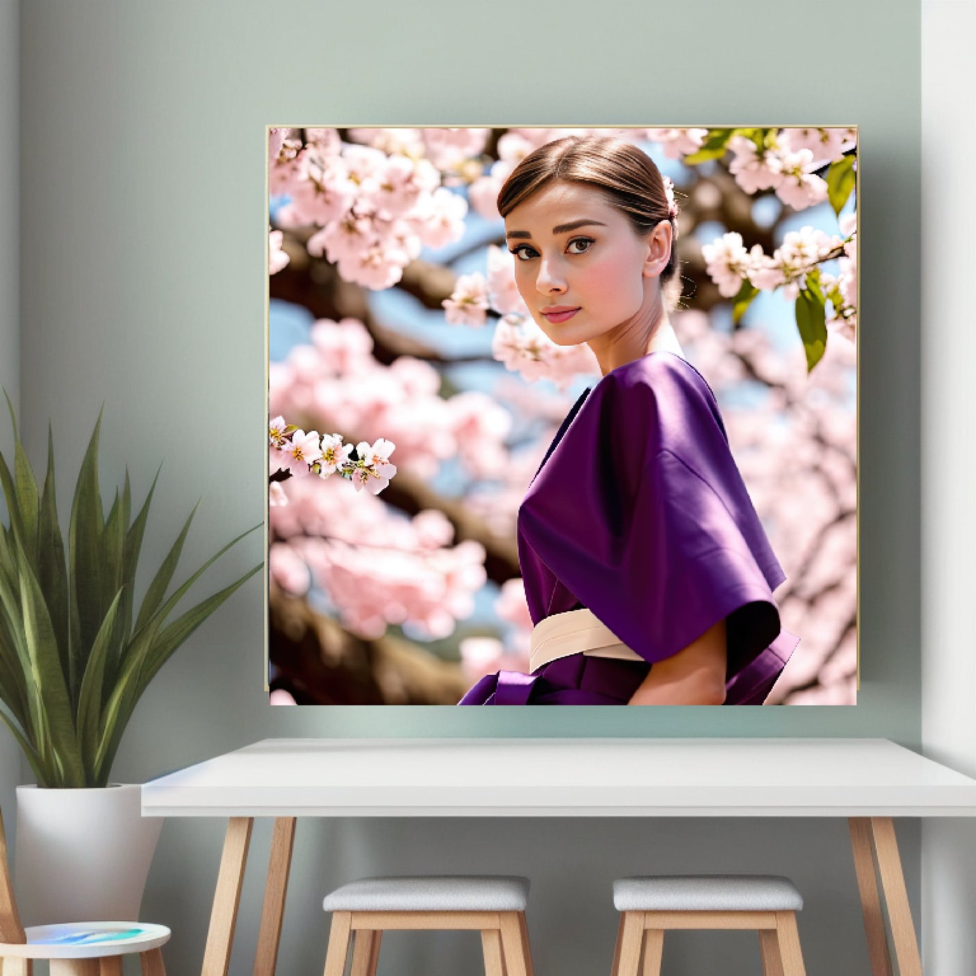 Digital Print: Sakura Embrace: Audrey Hepburn in Post-Blossom Tranquility, Digital Audrey, Art Print, Gift, Japan, さくら, decor, Canvas Art