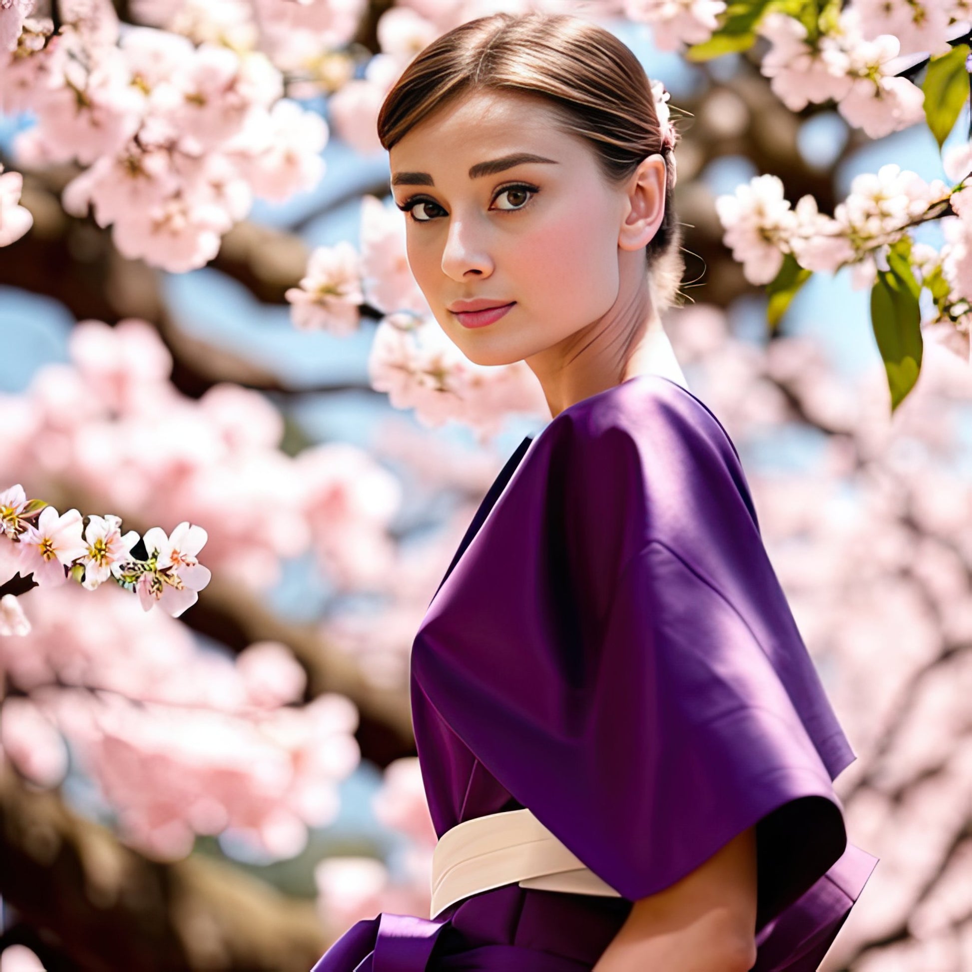 Digital Print: Sakura Embrace: Audrey Hepburn in Post-Blossom Tranquility, Digital Audrey, Art Print, Gift, Japan, さくら, decor, Spring Gift